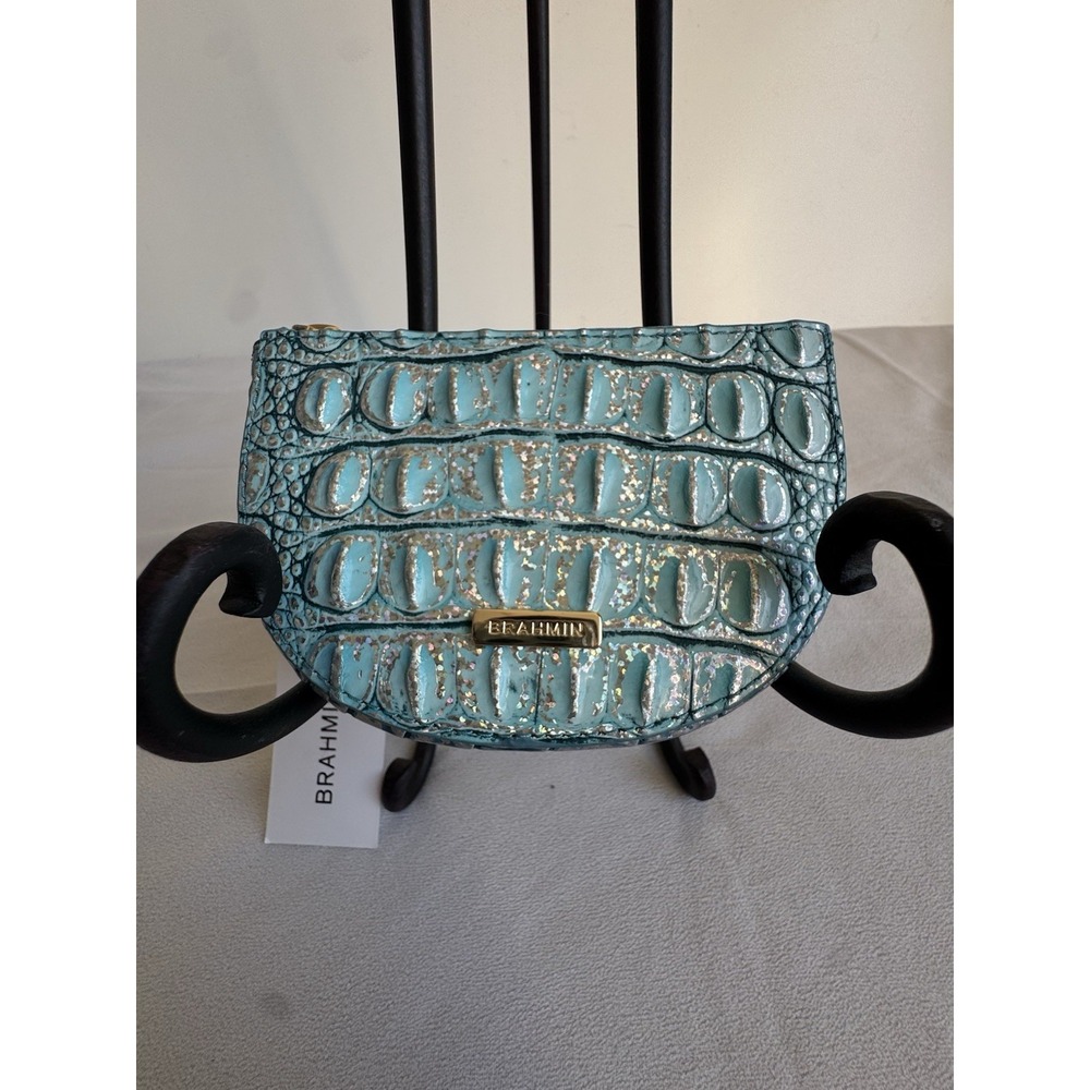 Brahmin Britt Arctic Blue Melbourne Croc Leather Clip On Coin Holder Charm Gold